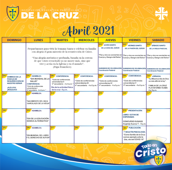 Calendario de Actividades – ABRIL – INSTITUCIÓN EDUCATIVA PRIVADA